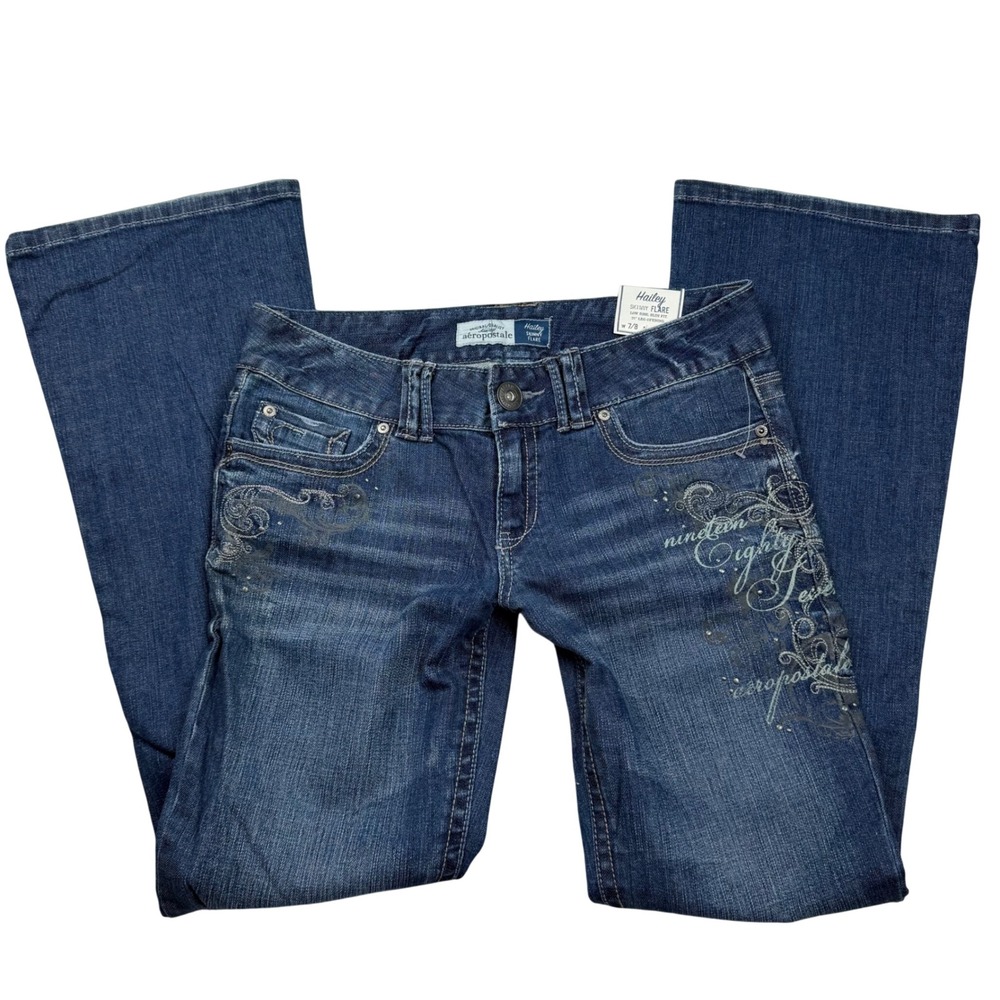 NWT VTG Y2K Aeropostale Hailey Skinny Flare Jeans Embroidered 7/8 Reg Low Rise
